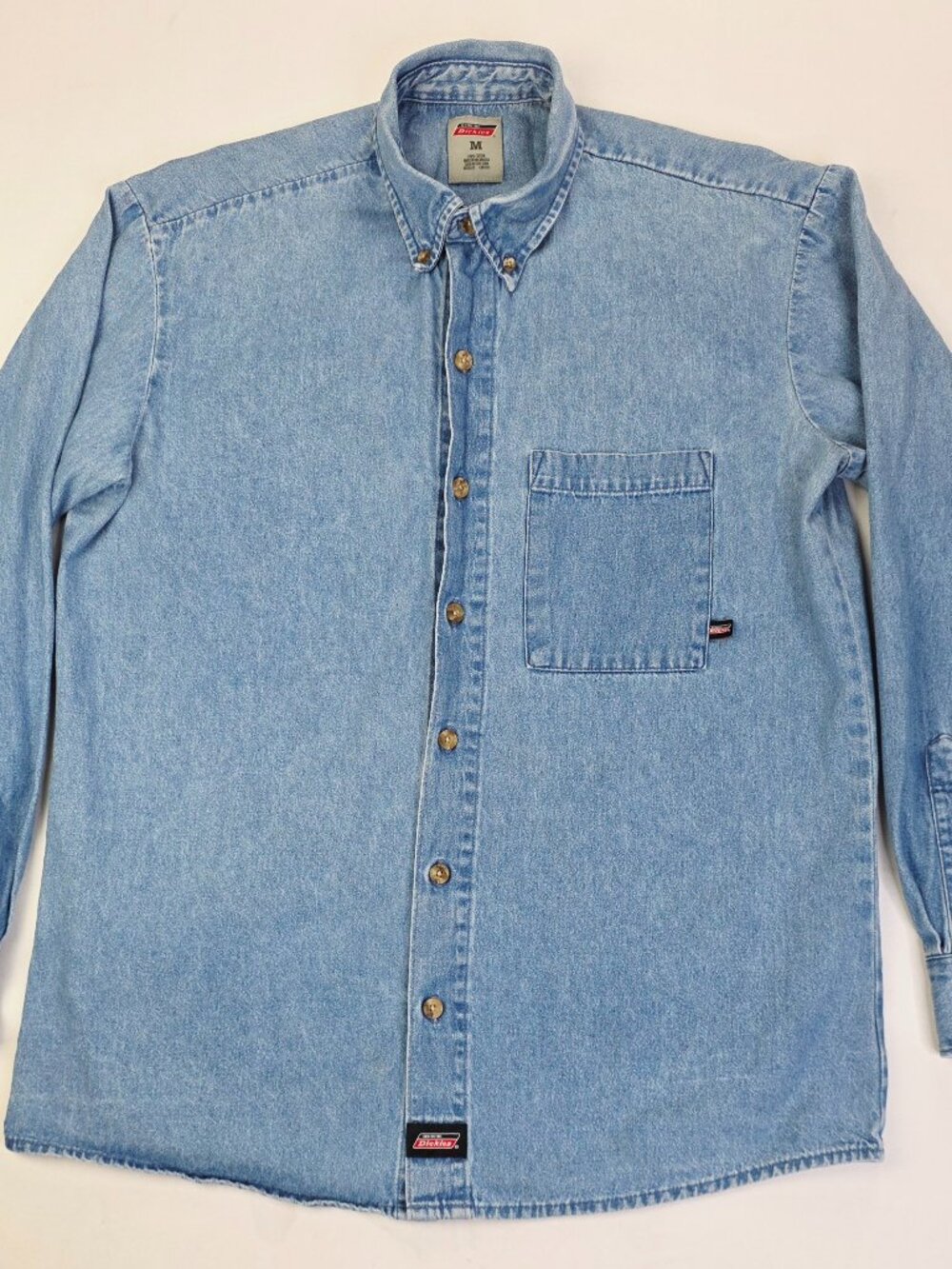 Dickies Genuine Men Sz Medium Blue Denim Button Down Long Sleeve Pocket Hem Logo